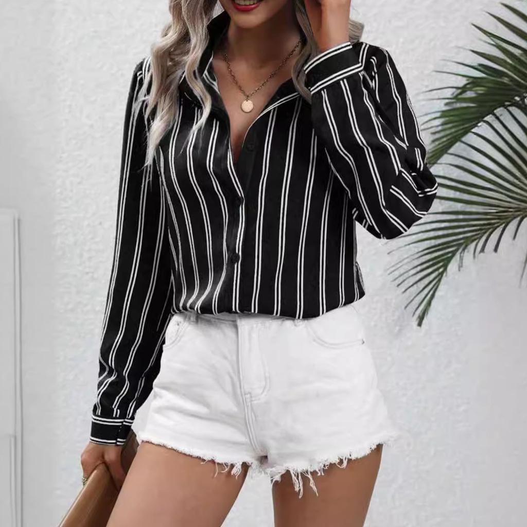 Women's Shirt Button V Neck Striped Loose Long Sleeve Cardigan Shirt Fashion Casual Tops