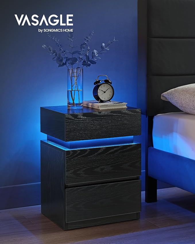 Vasagle LET630T56 Bedside Table with LED Lighting, Side Table, Bedside Cabinet, Sofa Table, Adjustable Colours, 3 Drawers, Bedroom, Modern