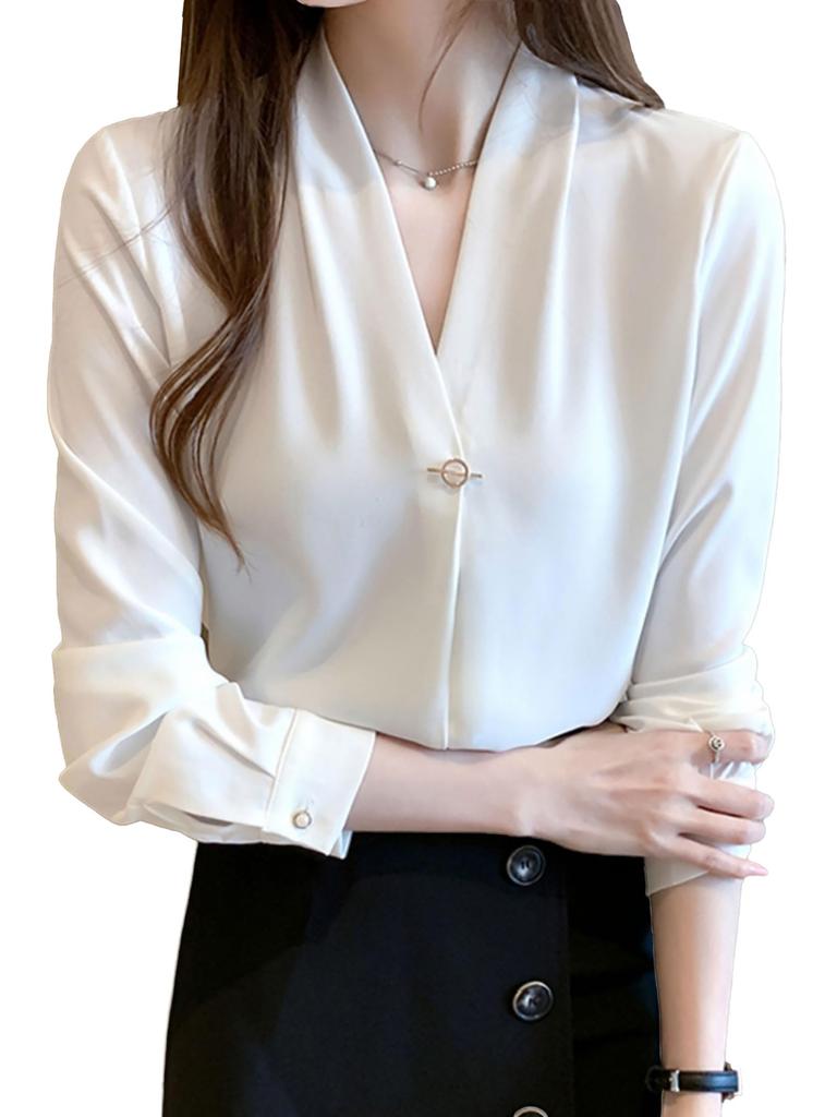 RCL Chiffon Shirt Long Loose Plus No Solid Women's Blouse, Sleeve, V-Neck, Fit, Sizes, Iron, Office/Casual Fashion, Flattering, Color, Breathable,