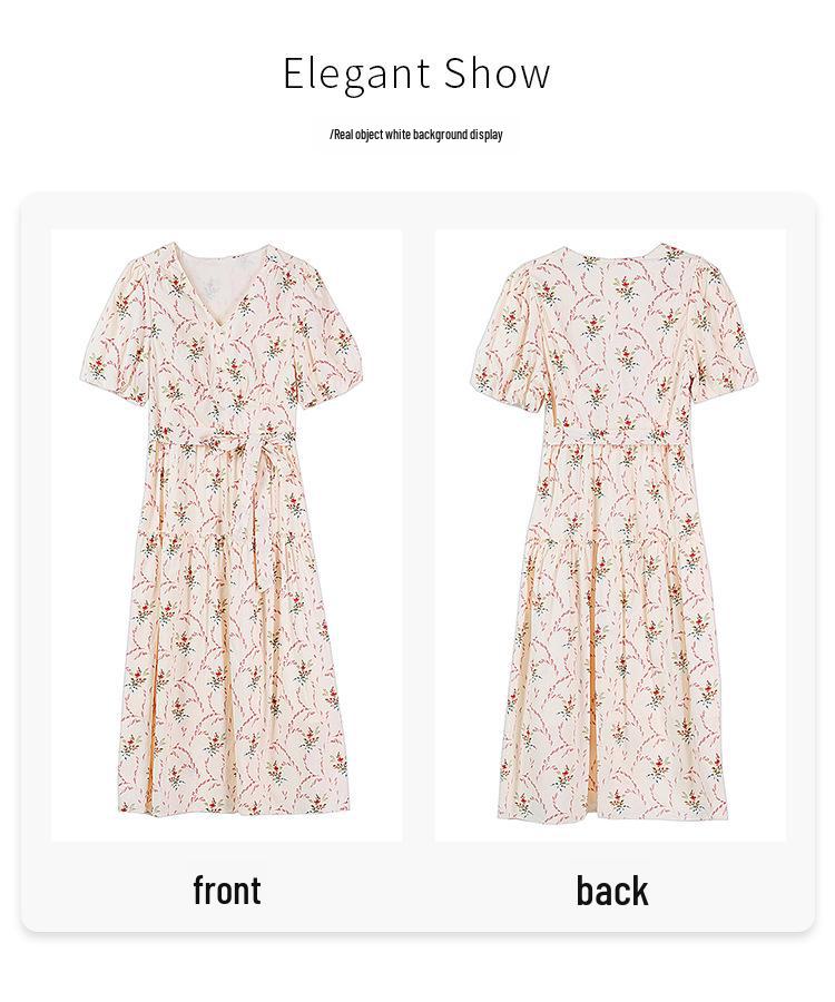 Summer 2024 Retro Floral Puff Sleeve V-Neck French Midi Dress with Waist Slimming Design
