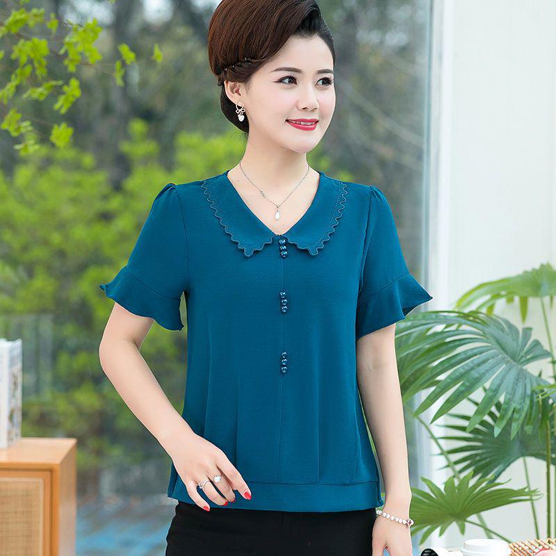 Chiffon Two-Piece Summer Set for Middle-Aged Women - Short Sleeve Top for Mothers