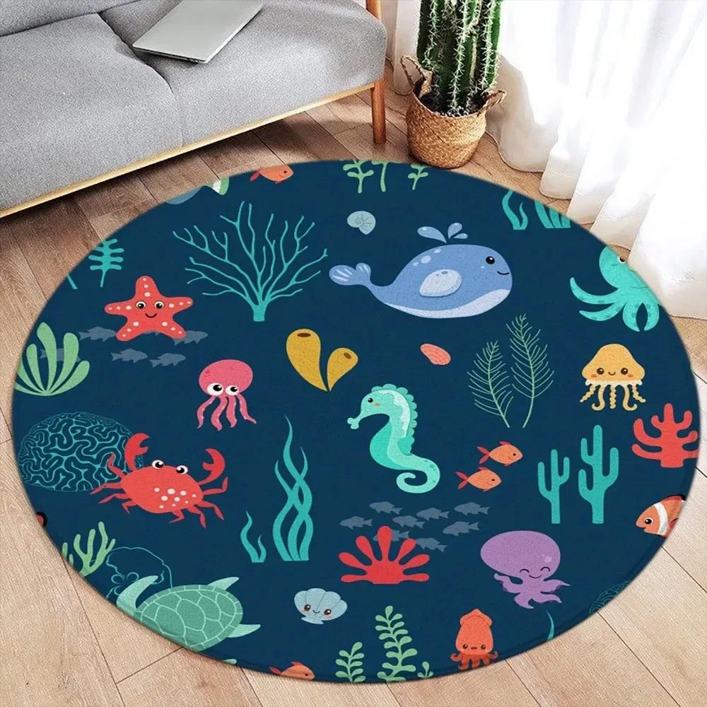 Wildlife Cartoon Animals Round Carpet Cute Dinosaur Whale Themed Kids Bedroom Rug Home Living Room Decorative Floor Mats