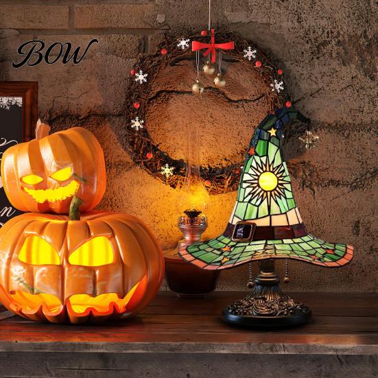 Warm Ambient Lighting Stained Glass Style Witch Hat Lamp, USB Powered Resin Wizard Night Light Retro Gothic Lamp with Sun Star, Halloween Table