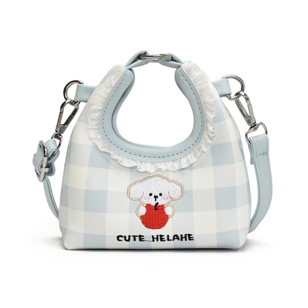 Cartoon Dog Shoulder Bag Grid Crescent Handbags Portable PU Crossbody Bag  Lady синий
