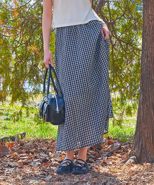 Collet Cooling Check Lightweight Air Pleated Flare Long Skirt [Black] 349Ck