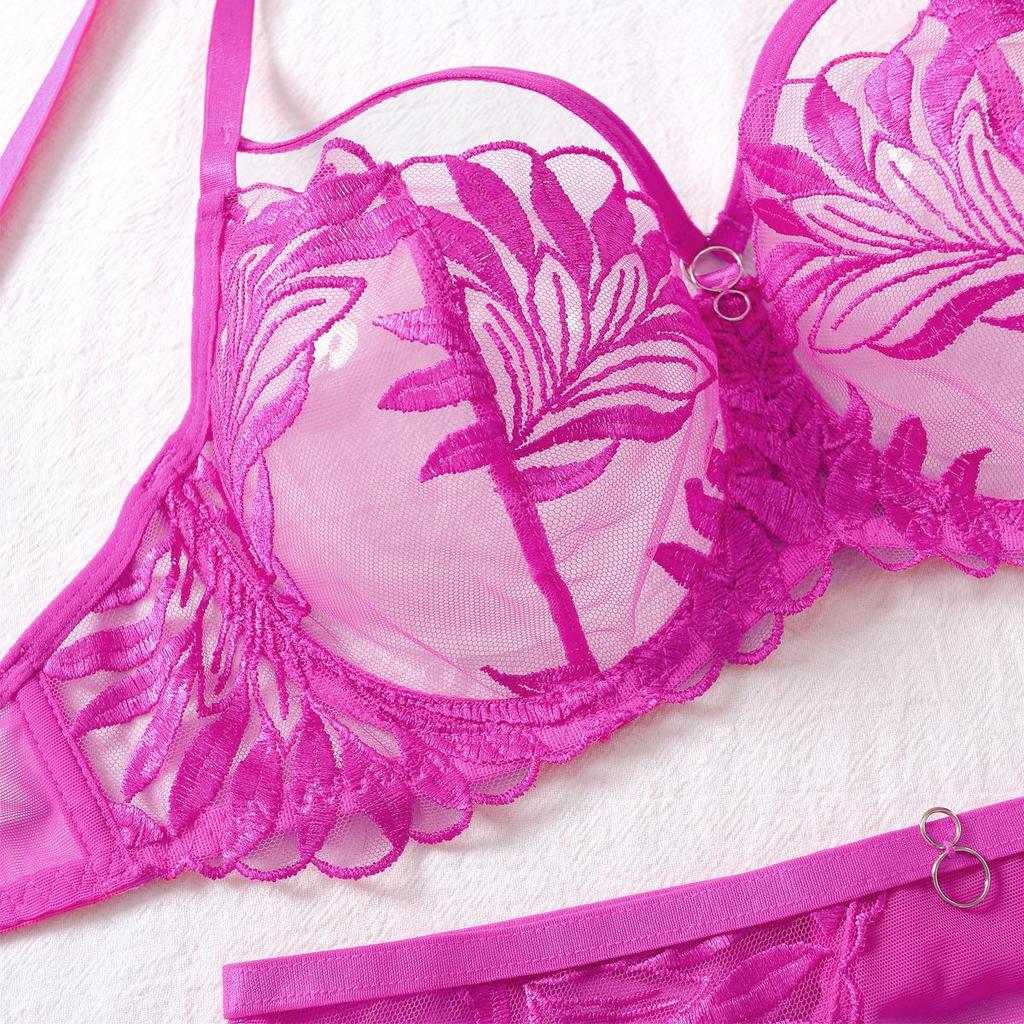 Women's Sexy Lace Bra Set Solid Color Embroidery Push-Up Lingerie Set Hollow Out Open Back Bra Set