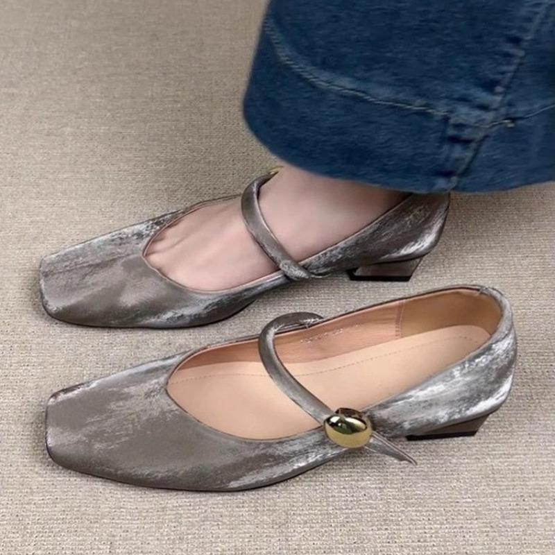 Block Heel Single Shoes Women's Square Toe Shallow Mouth One Slip with Cloth Face Soft Sole Non-slip Low Top Shoes