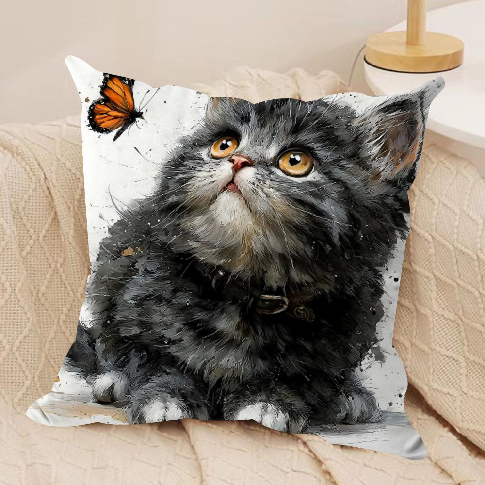 Cute Cat and Flower Cushion Cover Short Plush Doublesided Print Square Throw Pillow Covers Sofa Home Cushion Decor