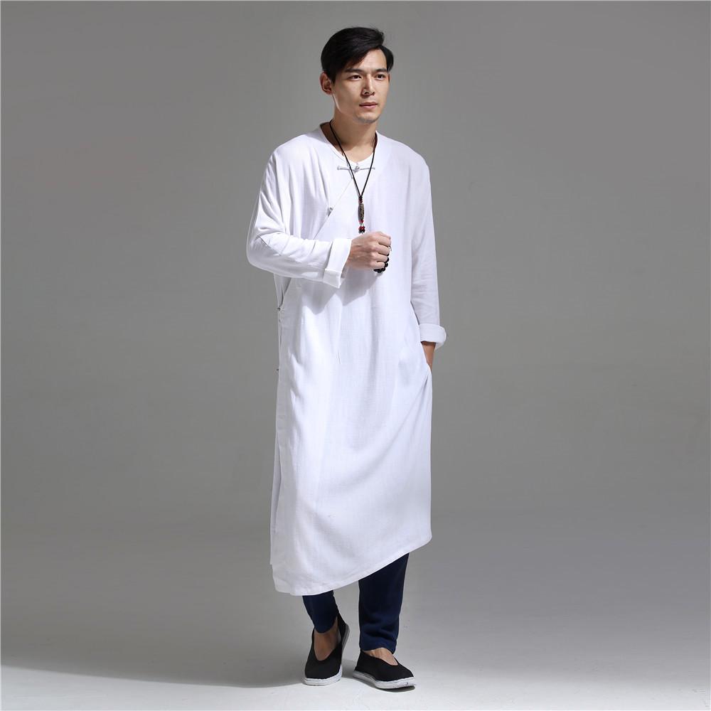 

Ma Fan Buyi Men s Retro Cotton Linen Long Robe Shirt with Silver Buckle Large білий