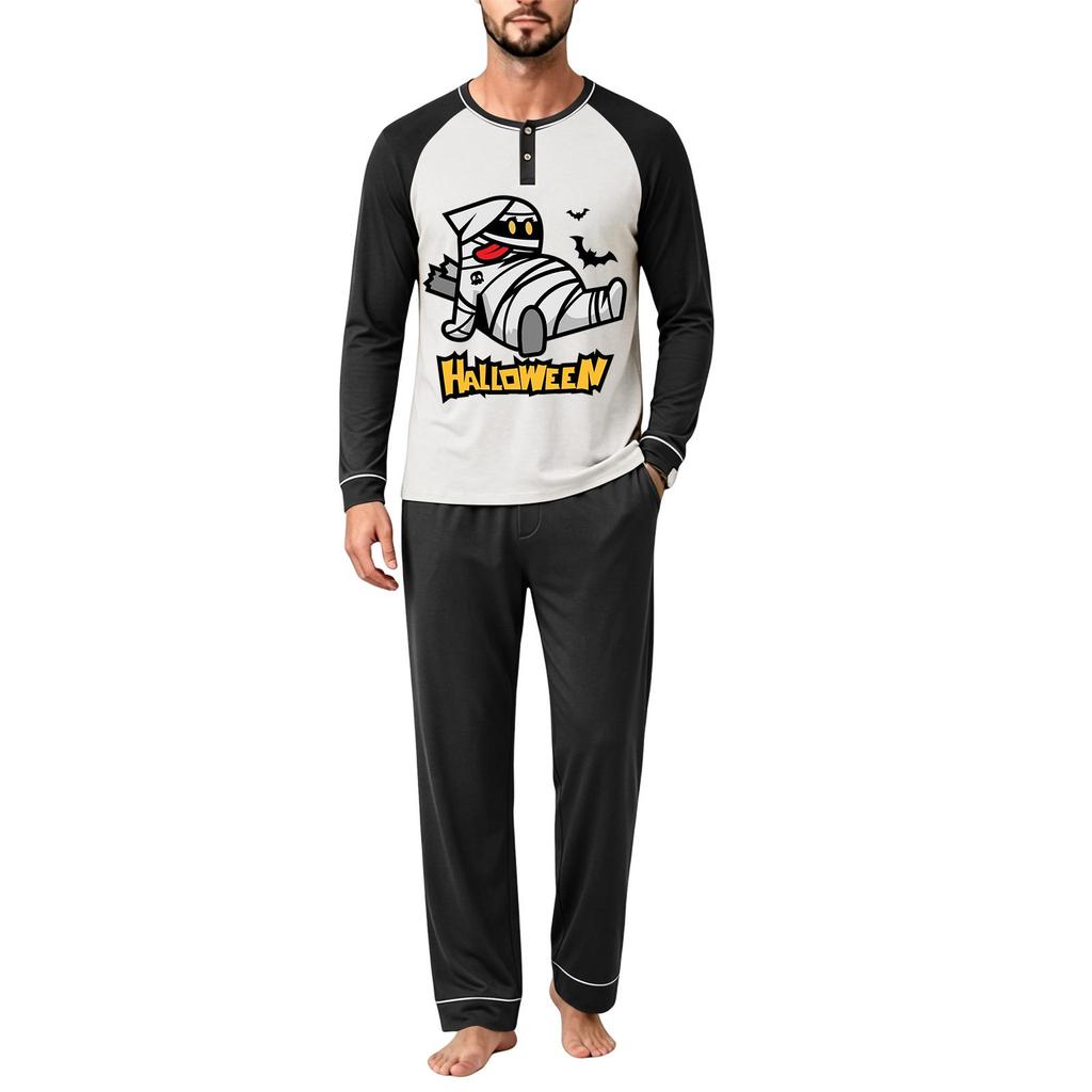 Men's Casual Loose Fit Raglan Sleeve Pajama Set with Halloween Letter Print