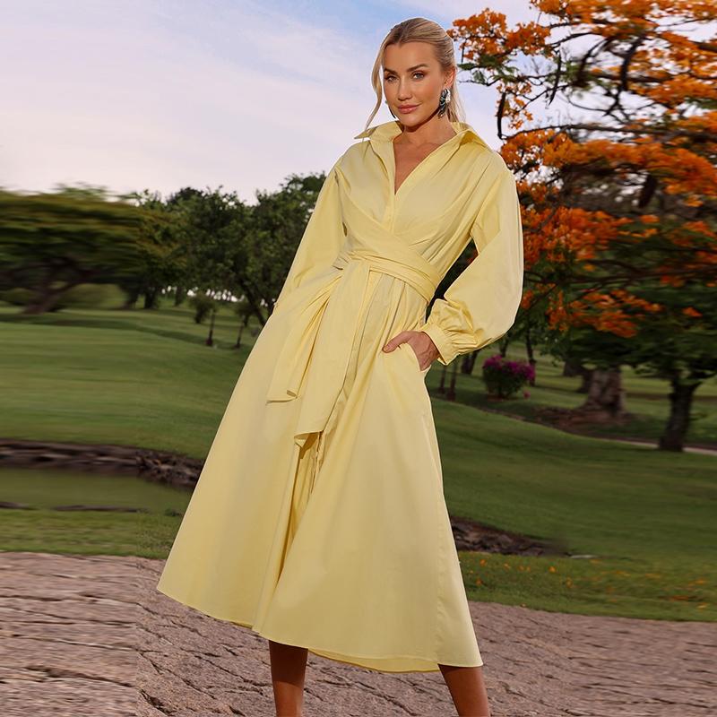 Women's Shirt Dress Turndown Collar Long Sleeve Waist Cinching Casual Temperamen Dress Commute Solid Color Slim Long Shirt 2025 Summer