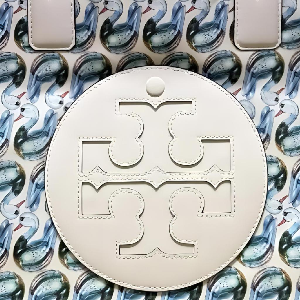 Tory Burch Ella Double T Logo Print Fabric Tote Bag Women Tote Swan-White 170612-400