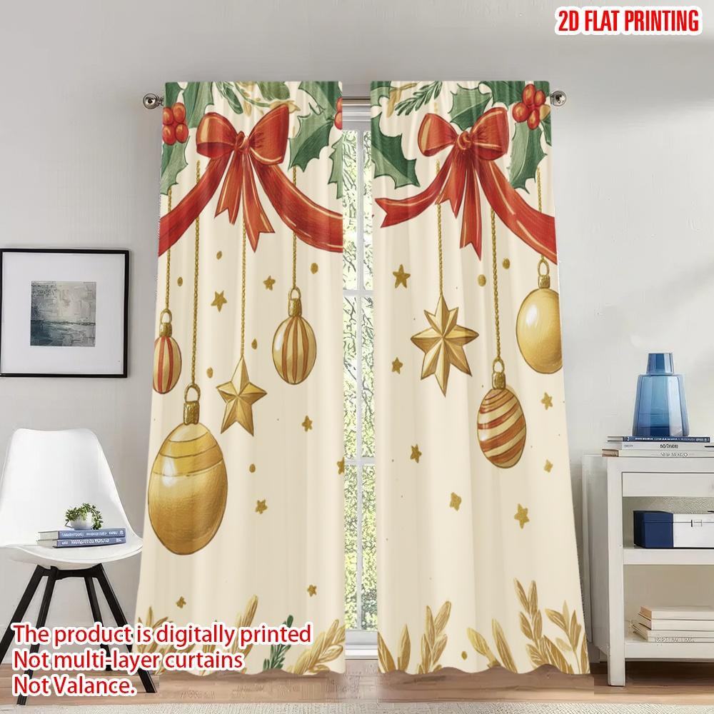 

Flat Printing Happy Christmas Fashion Curtains Holly Bow Stars Ornament Digital Printed Polyester Drapes Set Of 2 Made W100*H70(CM)-Rod Pocket&1PCS