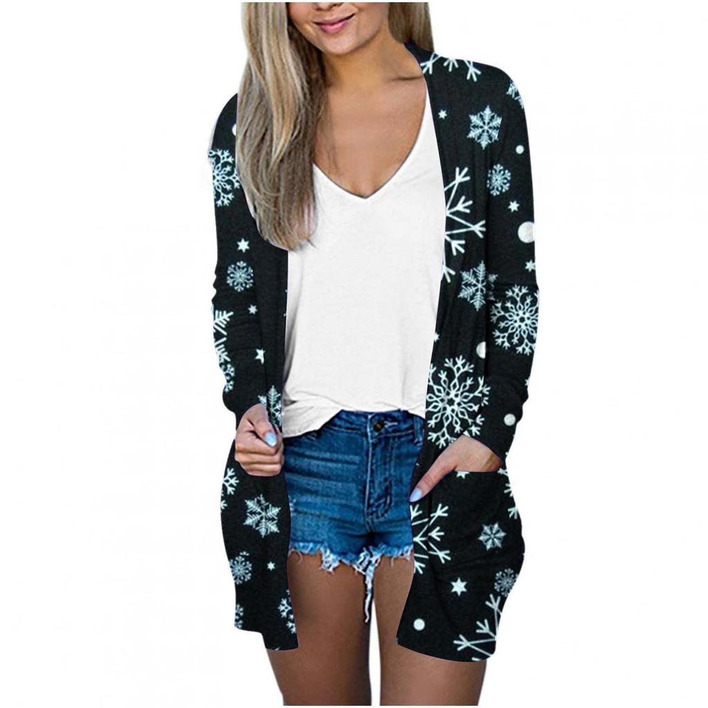 Damenmode, lockere, lässige Tasche, Weihnachtsdruck, Strickjacke, Jackenoberteile