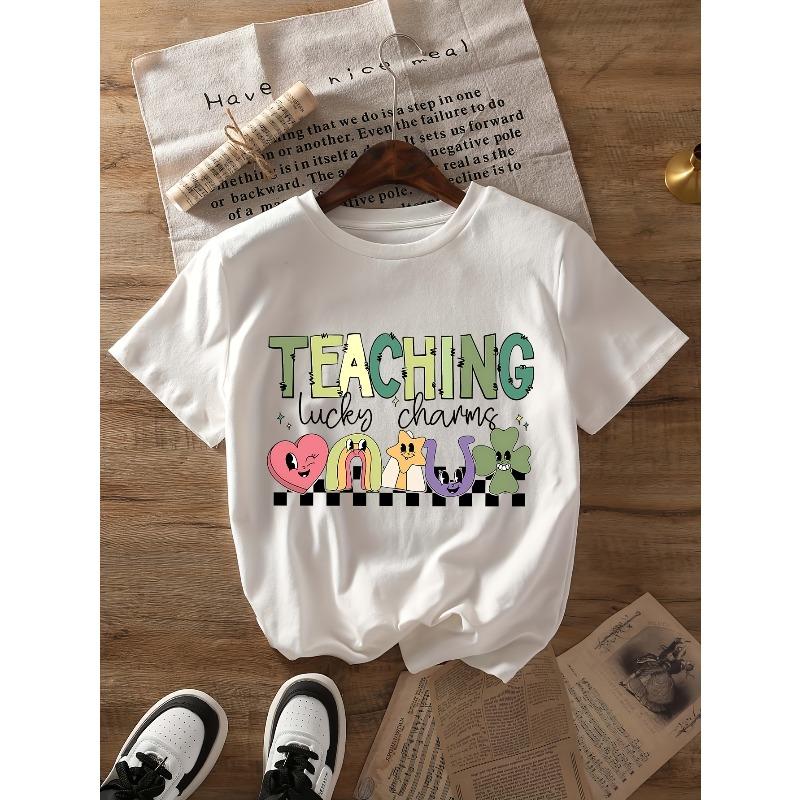 

Casual Round Neck T-Shirt for Women, Perfect for St. Patrick S Day, Featuring Short Sleeves for Spring And Summer S белый