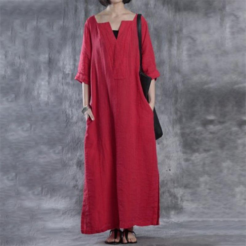 

Женское простое модное свободное длинное платье макси с разрезом и рукавом до локтя, больших размеров для непринужденной элегантности S красный