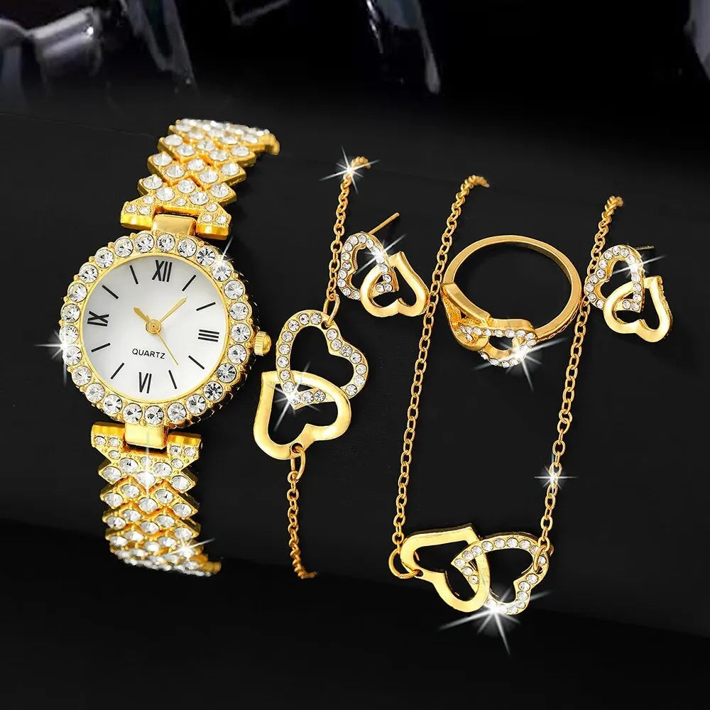 6-Piece Women’s Luxury Watch & Bracelet Set - Roman Dial Quartz Wristwatch for Ladies
