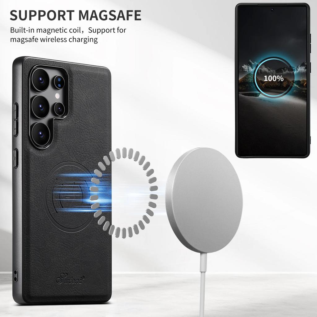EUCAGR Luxury Faux Leather Phone Case Magnet Wireless Charging Frosted Feel For Samsung Galaxy S25Ultra S24Plus S23 S22 Note20