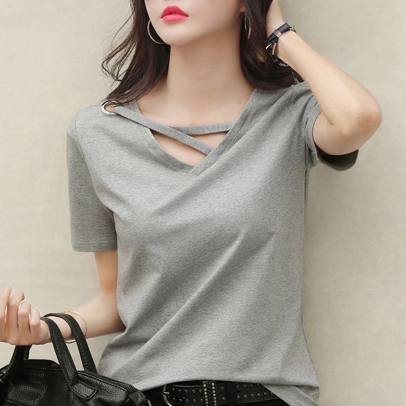 T-shirt à manches courtes et col en v pour femme, haut ample et fin, été