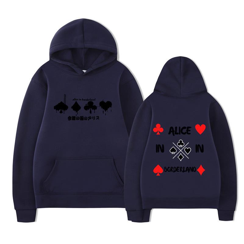 Alice in Borderland Hoodie – Unisex Black Double Sided Fleece Sweatshirt, Playing Card Suits & Japanese Kanji Drip Print, AIB Anime Streetwear