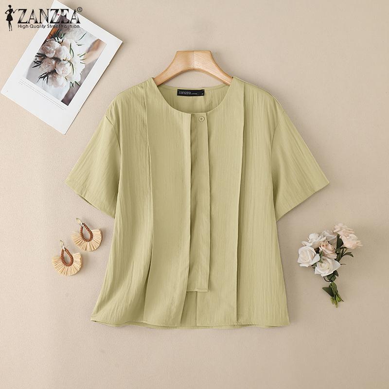ZANZEA Women Casual Round Neck Solid Color Short Sleeve Blouse