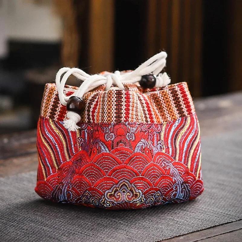Vintage Teaware Storage Bag Outdoor Travel Ceramic Teacups Cotton and Linen Drawstring Cloth Bags Kung Fu Tea Accessories
