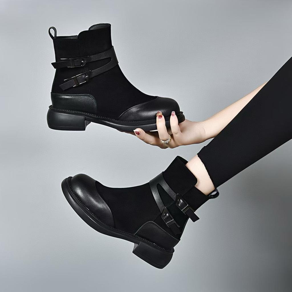 Martin Boots Women's Autumn and Winter Leather Boots Belt Buckle Trendy Handsome Locomotive Boots Niche Personalized Short Boots Cotton Boots