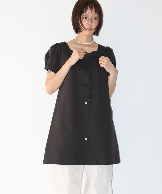 Ronron Charming Puff Sleeve Button Dress Black