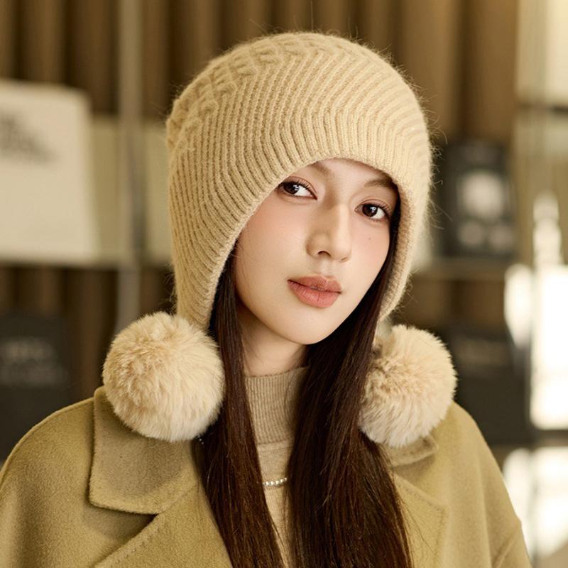 Căciulă Tricotată cu Bor Larg, Catifea Groasă, Trei Ciucuri de Blană, Căciulă Caldă