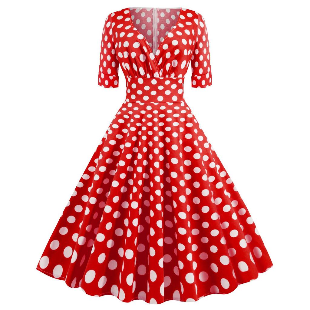 GMXIA Polka-dot Print Vintage Summer Spring V-neck Short Sleeve Dress Pompadour Skirt