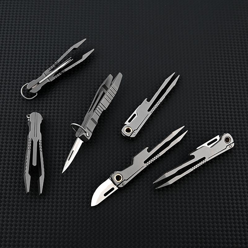 Titanlegeringspincett med kniv D2-stålblad Utomhus EDC Bärbart verktyg Platt huvud Ögonbrynsklämma Reparationsfixtur Uppackningsverktyg
