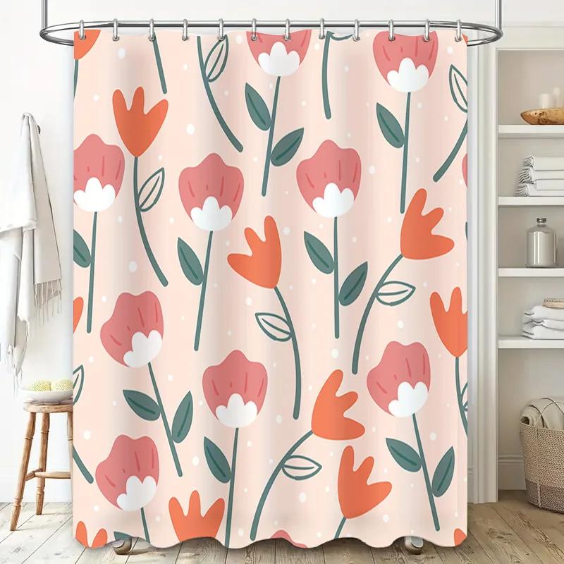 Trendy Bathroom Shower Curtain with Floral Print Pink Orange Leaves Pattern for Home Decoration In Bathrooms