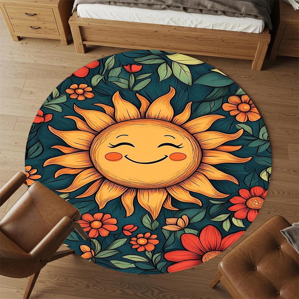 1PC Sunflower Floral Happy Round Chair Mat Area Rug - Non-Slip, Floor Mat for Office, Bedroom, Home Decor Christmas Gift C0528076