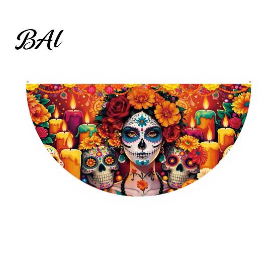 Sugar Skull Fan Flag Day of The Dead Bunting Banner, Marigold Print Fiesta Mexican Festival Home Ornament Hanging Flag, Colorful Outdoor Yard