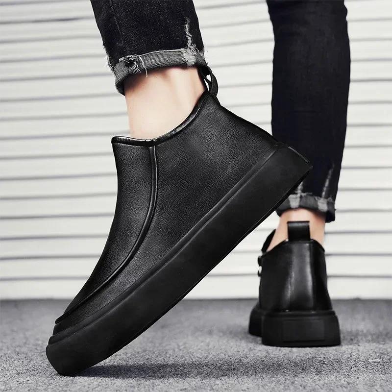 Schwarze Herren Stiefeletten Luxus Designer Herrenstiefel Plateau Reißverschluss High-Top Freizeitschuhe Vielseitige Bequeme Lederschuhe Neu