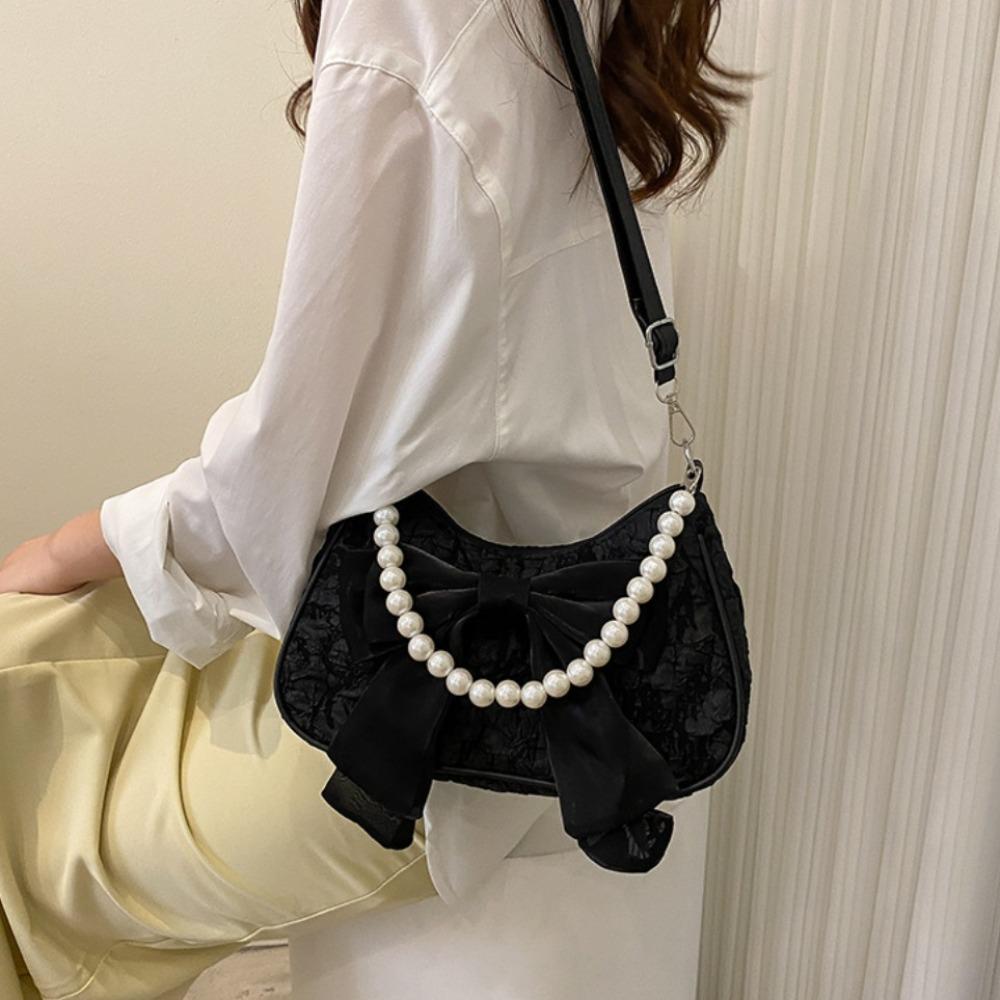 Pearl Bow Shoulder Bag Canvas Small Square Bag Luxury Bow Underarm Bag  Girls