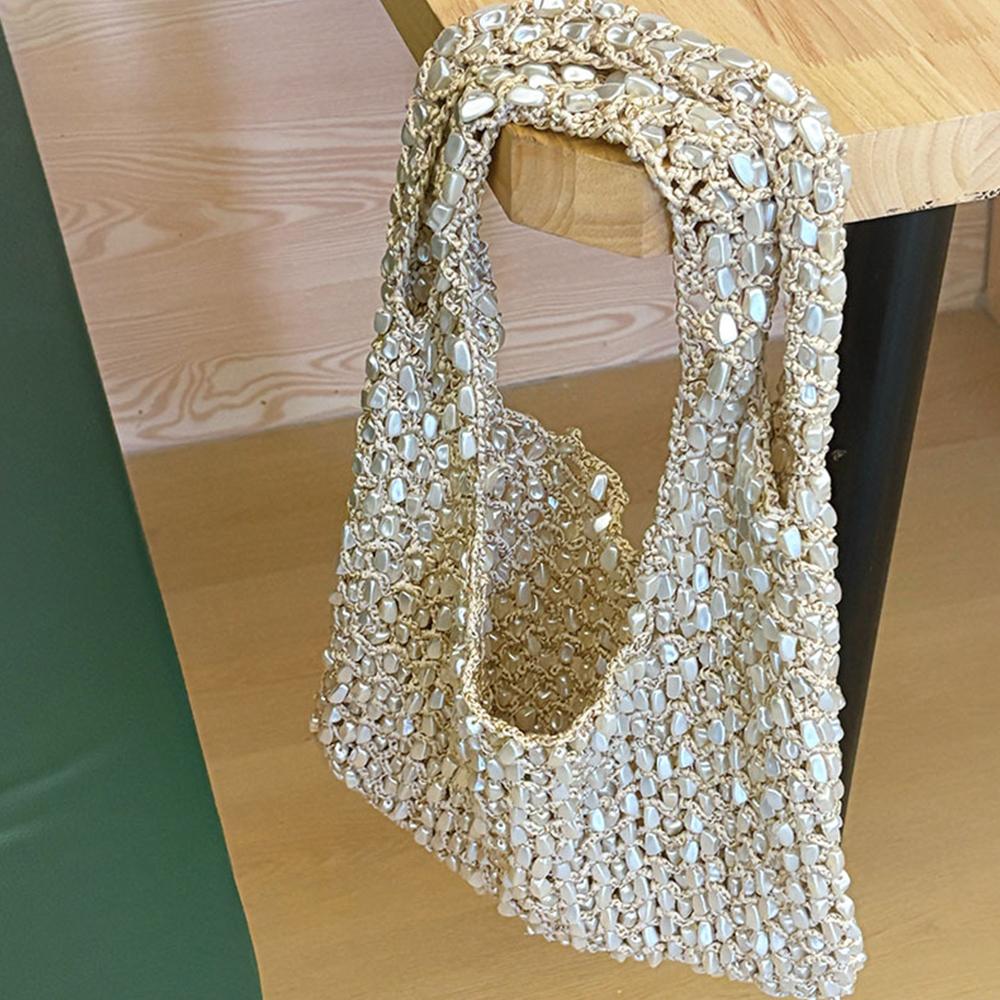 Handmade Stone Crochet Shoulder Bag Luxury Hollow Woven Handbags and Purses Rope Knitting Shopper Tote Designer Bags for Women
