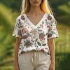 Summer Women's T-Shirt Floral Pattern Bohemian Style Casual Short-Sleeved V-Neck Loose Women's Clothes