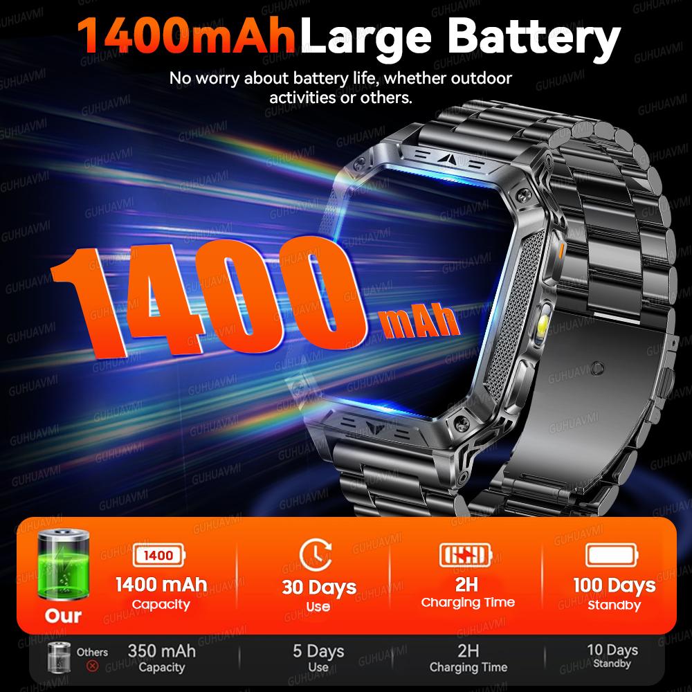 New Military 1400mAh Battery Smart Watch 2.01-inch AMOLED Screen LED Flashlight Waterproof BT Call Sports Smartwatch Men