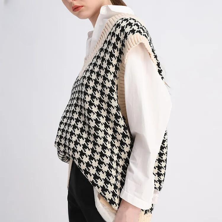 Women Fashion Oversized Houndstooth Plaid Knitted Vest Sweater Vintage Sleeveless Side Vents Female Waistcoat Chic Tops