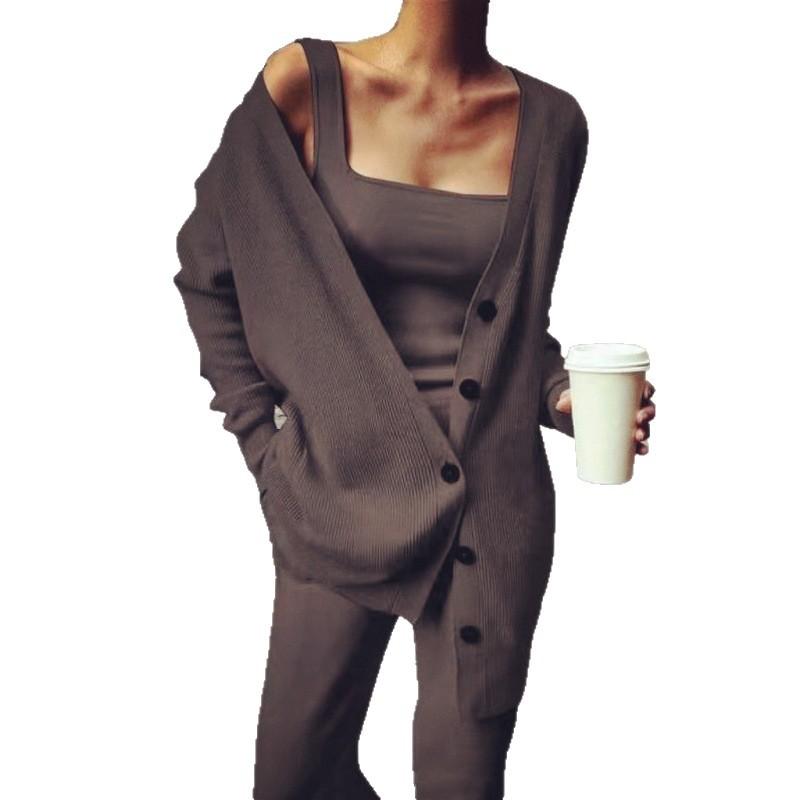 Women's Casual Deep Grey Knit Cardigan Set Women's Jacket Vest Pants
