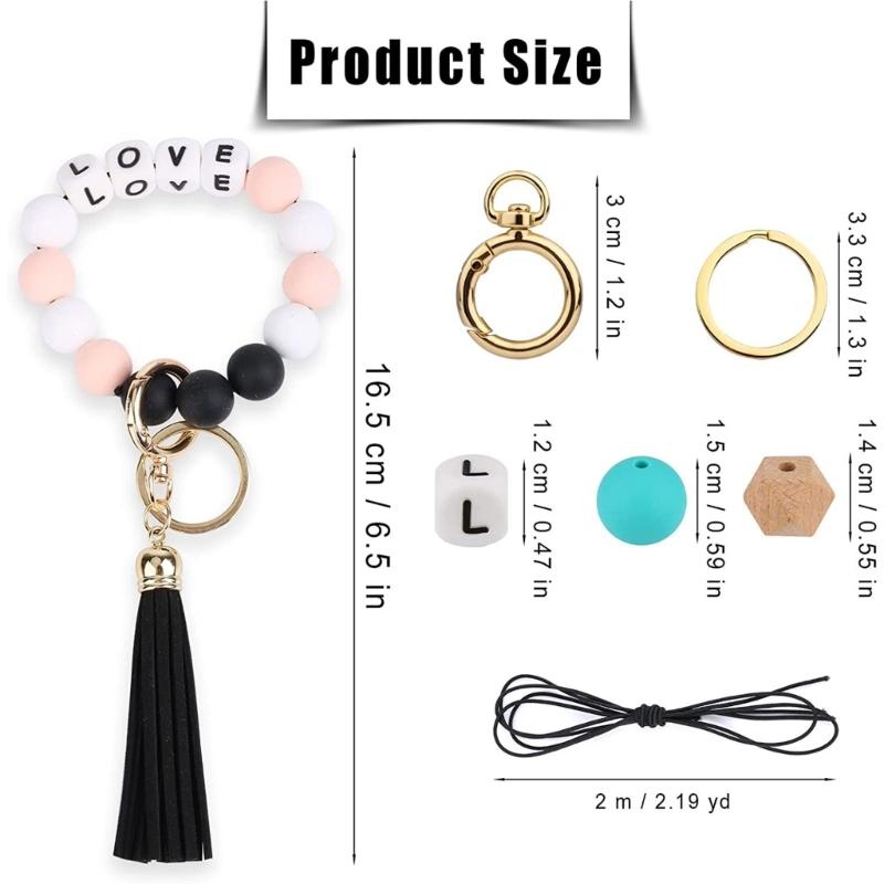 84PCS Silicone Beads Making Kits Keychain Accessories Bead with Elastic Rope Beaded Tassels Bead DIY Keychains Materials