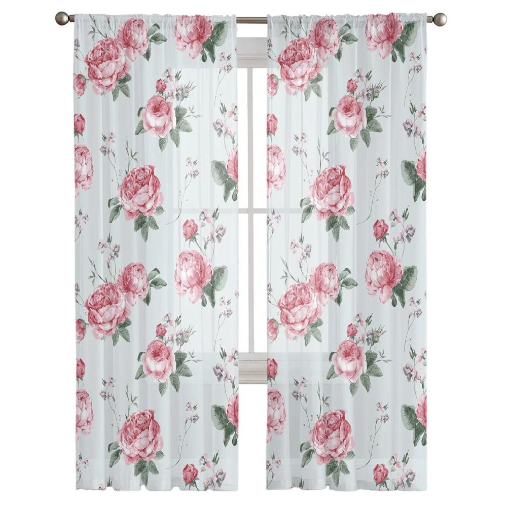 Pink Rose Flower Watercolor Tulle Curtains for Living Room Bedroom Decoration Chiffon Sheer Voile Kitchen Window Curtain