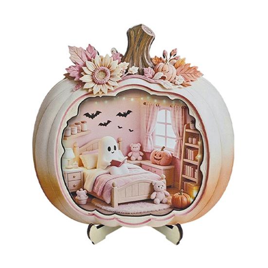 Cute Pastel Pumpkin Ornament Halloween Ghost Wooden Plaque, 2D Flat Tabletop Sign, Desktop Festive Home Accessory Spooky Bathing Reading for