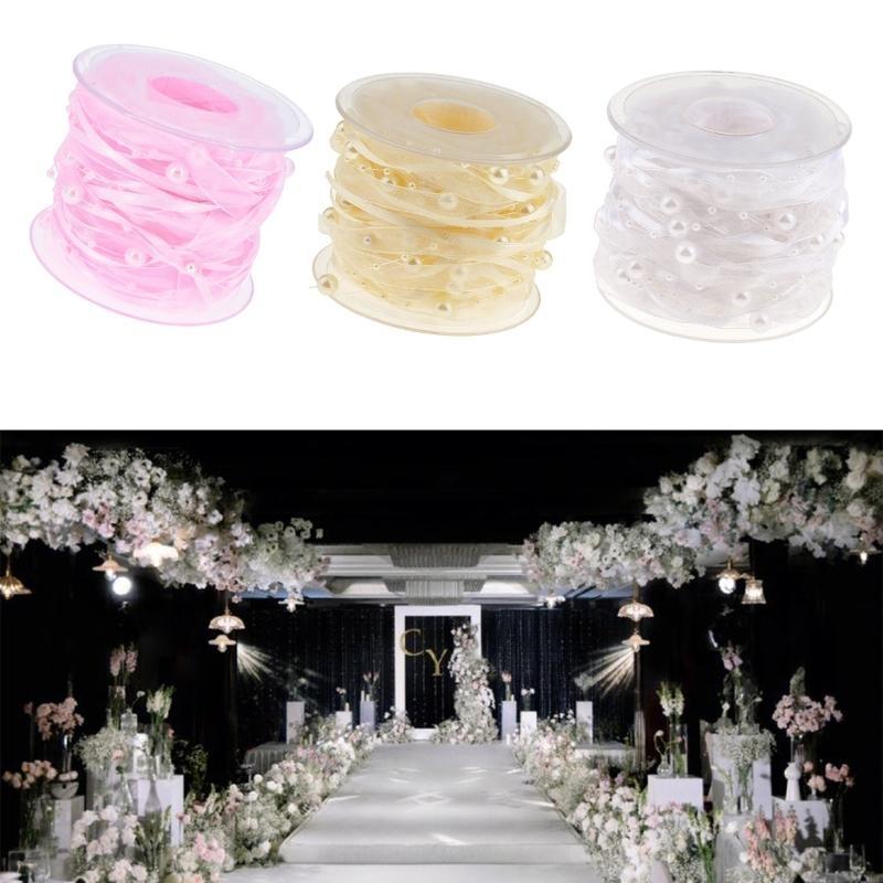 Multipurpose 10m Length White Organza Ribbon with Pearls Detail Accessory for Festival and Artistics Creation 10mm X3UC