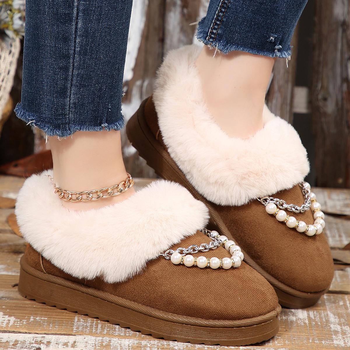 

Модные Роскошные Жемчужные Цепи Искусственный Мех Зимние Ботинки Женские 2025 Зима Круглый Носок Нескользящая Толстая Подошва Хлопковые Ботинки Теплые Короткие Плюшевые Ботильоны 44