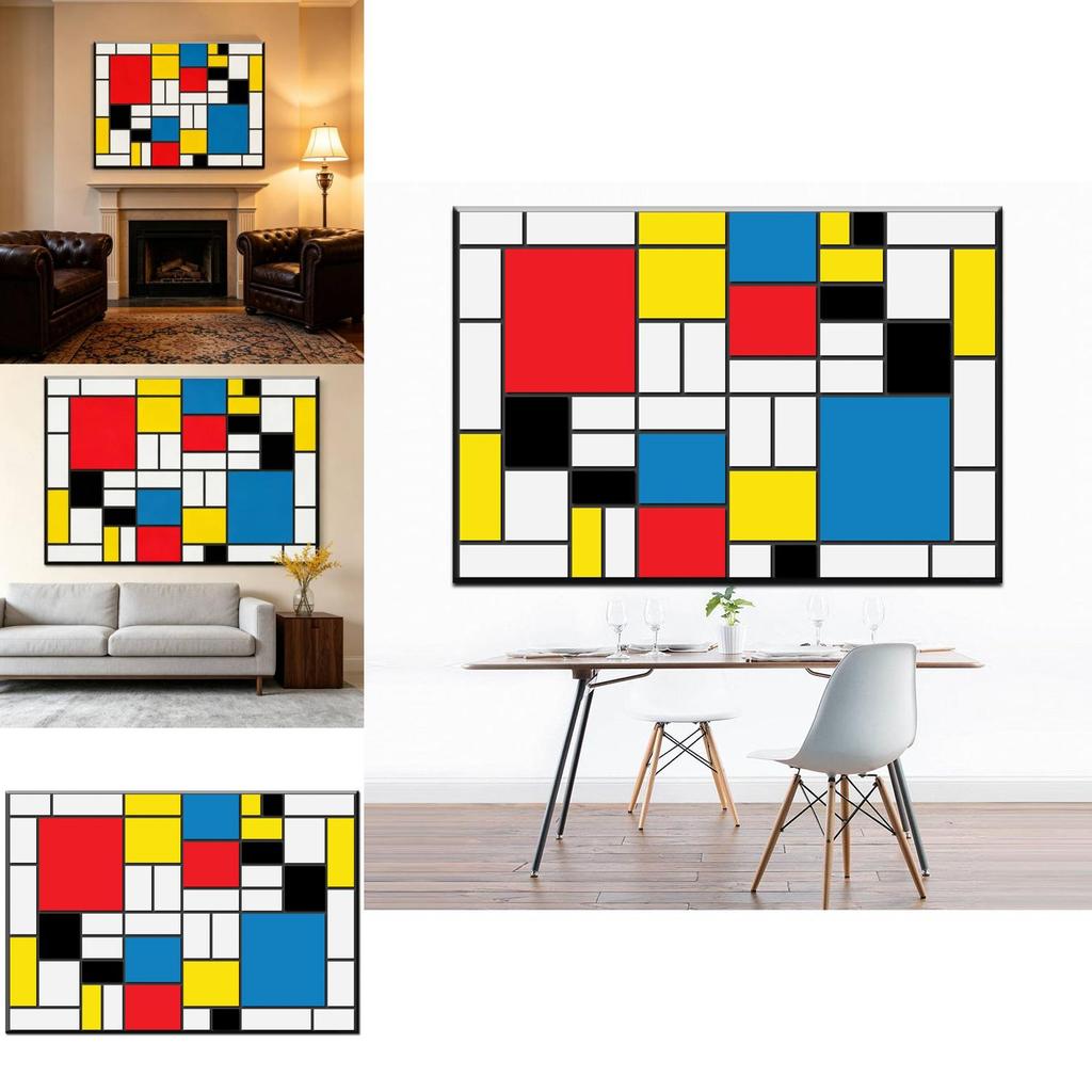 Red Yellow Blue Abstract Grid Artwork For Living Room Decor