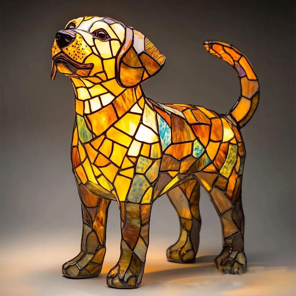 LED Animal Resin Table Lamp Dog Series Art Night Light 3D Stained Glass Cute Dog Bedside Lamp for Living Room Bedroom Decoration