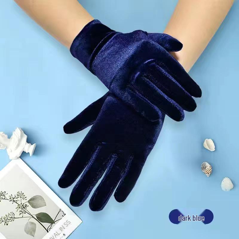 Women's Gold Velvet Etiquette Gloves - Knitted Warm Five-Finger Design for Autumn and Winter