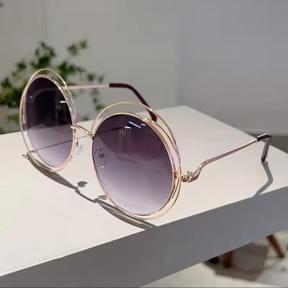 Винтажные круглые солнцезащитные очки оверсайз женские мужские солнцезащитные очки панк популярные большая оправа люксовый бренд дизайнерские полые металлические очки